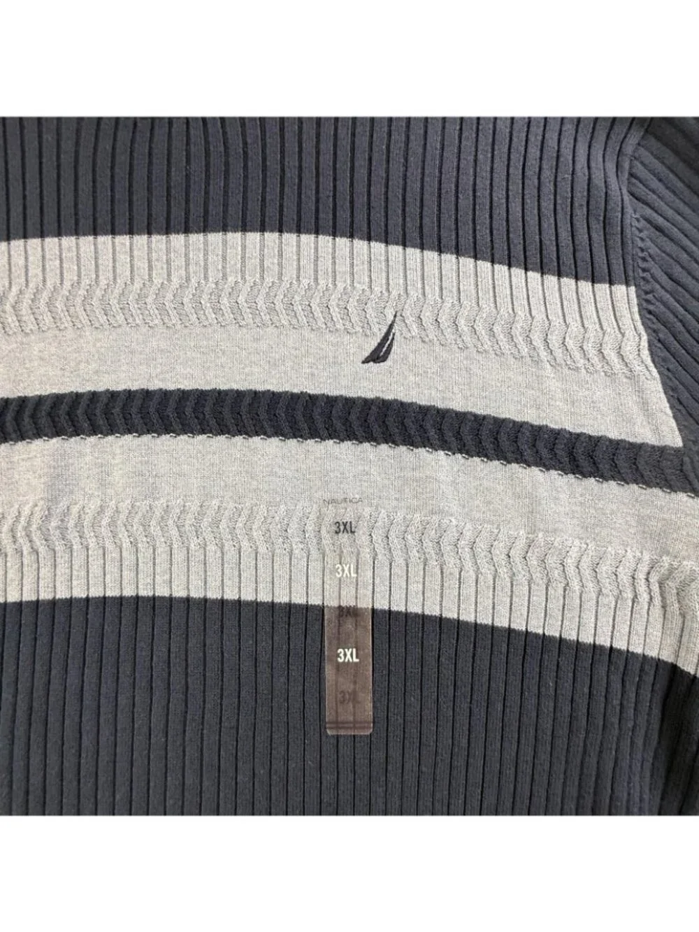 Nautica Sweater Mens 3XL Navy Gray Striped Crewneck Cotton Knit Ribbed Pullover